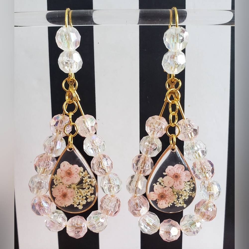 Cute Handmade Dangle Earrings With Real Flower Charms & Pink & Clear Beads